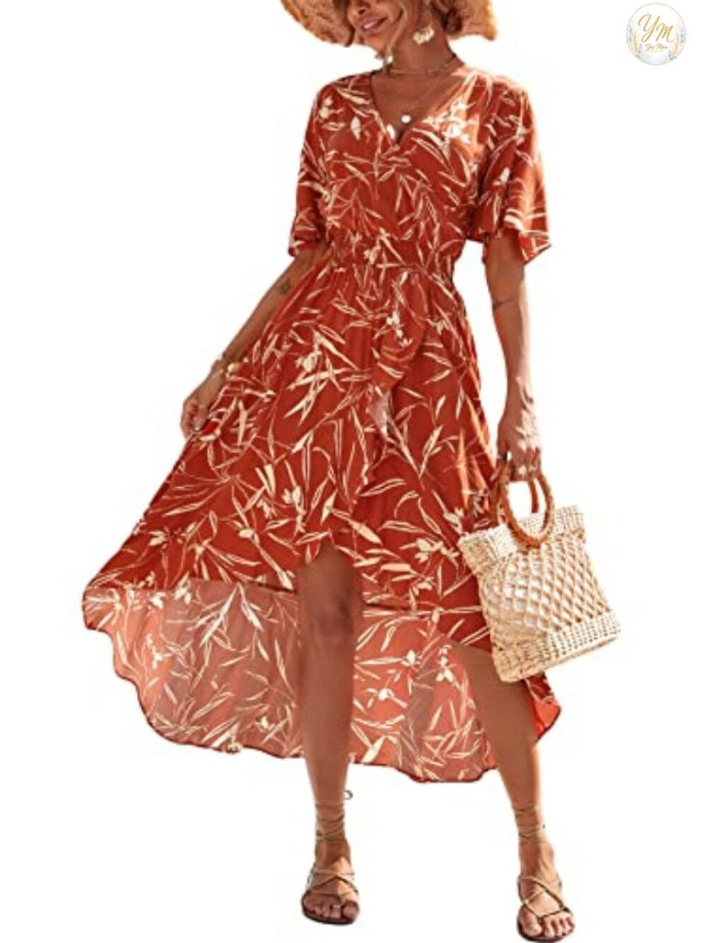 Womens Floral Print High Low Maxi Dress V-Neck Short Sleeve Flowy Party Casual